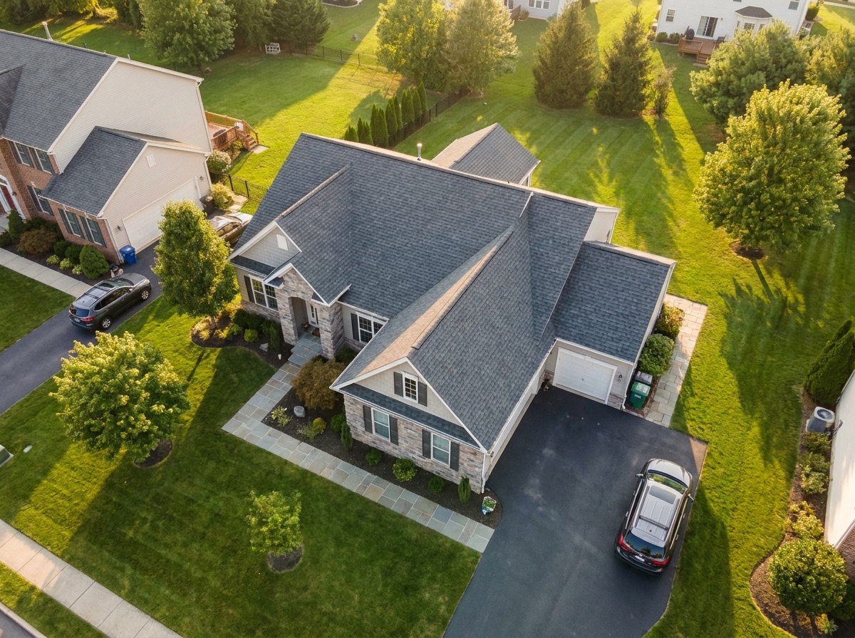 Aerial view of a Pasadena home with a newly completed Cardinal Roofing shingle roof